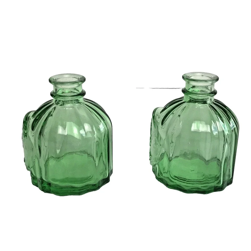 Green Colored Glass Round Vintage Style Apothecary Jars/Vases 3.25in Pair